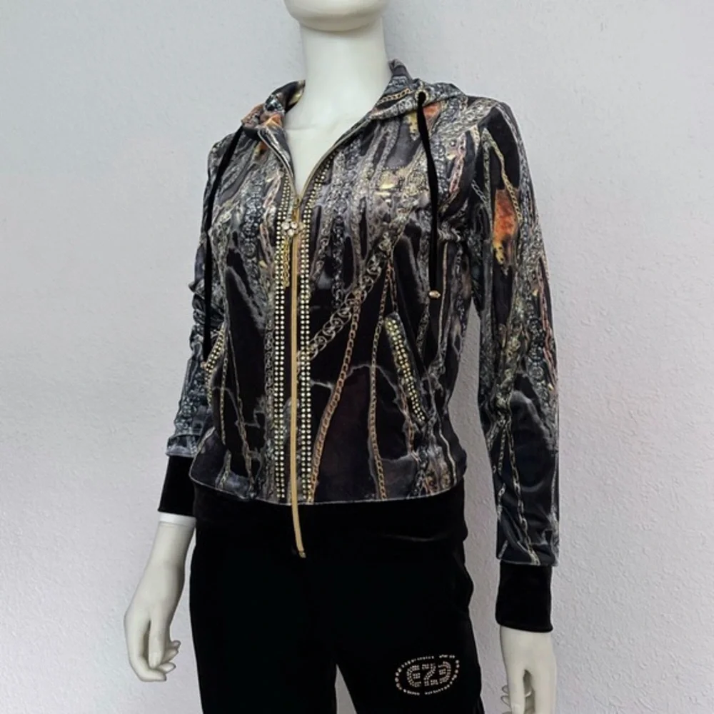 NWT WOMEN VELOUR TRACKSUIT 2 PC SET JACKET/BLACK‎ PANTS HOODED ZIPPED LOUNGEWEAR